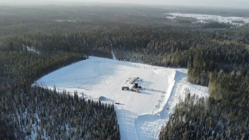 An aerial view of an Emissions Testing Centre – an operating natural gas multi-well pad hosting the Kinitics KVA38, an electric valve actuator utilizing shape memory alloy technology.