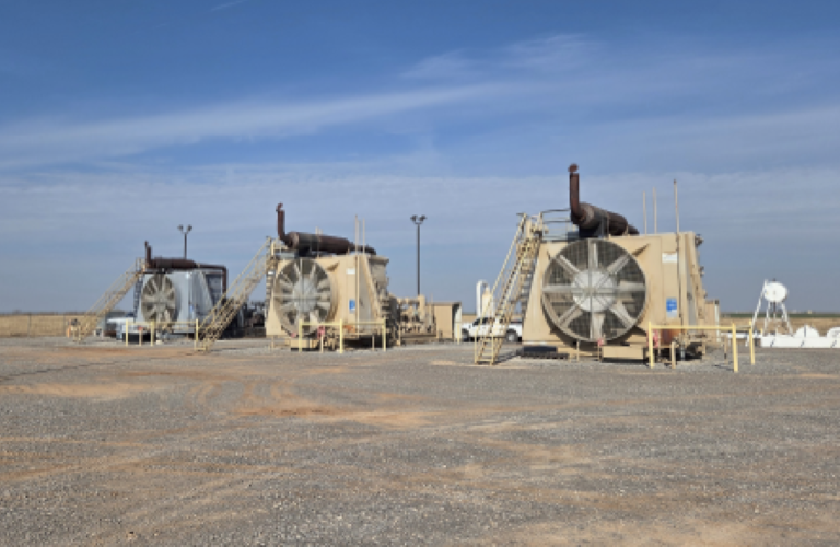Pumpjacks at an oil field site, screenshot