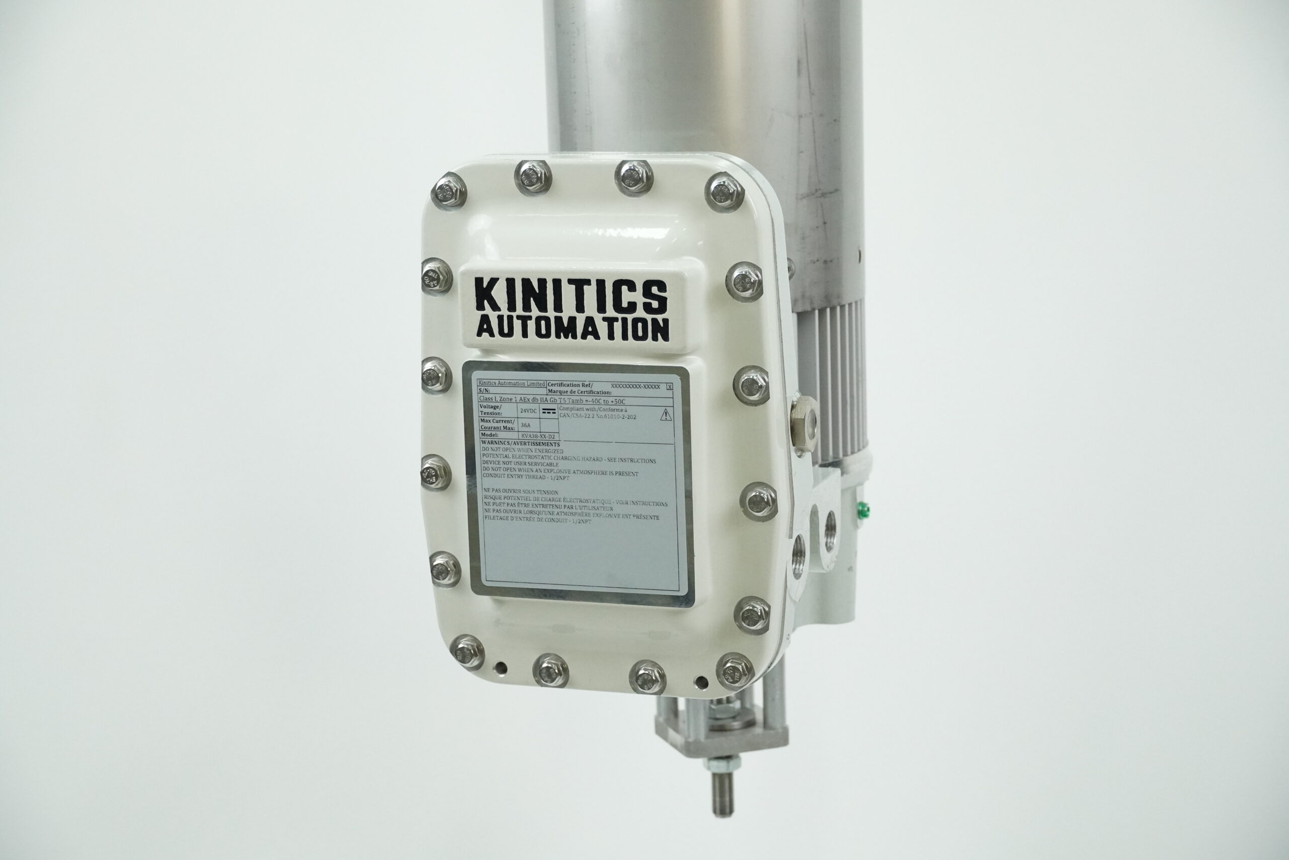 Studio close-up of the Kinitics Automation KVA38 junction box with nameplate and output stem on white background