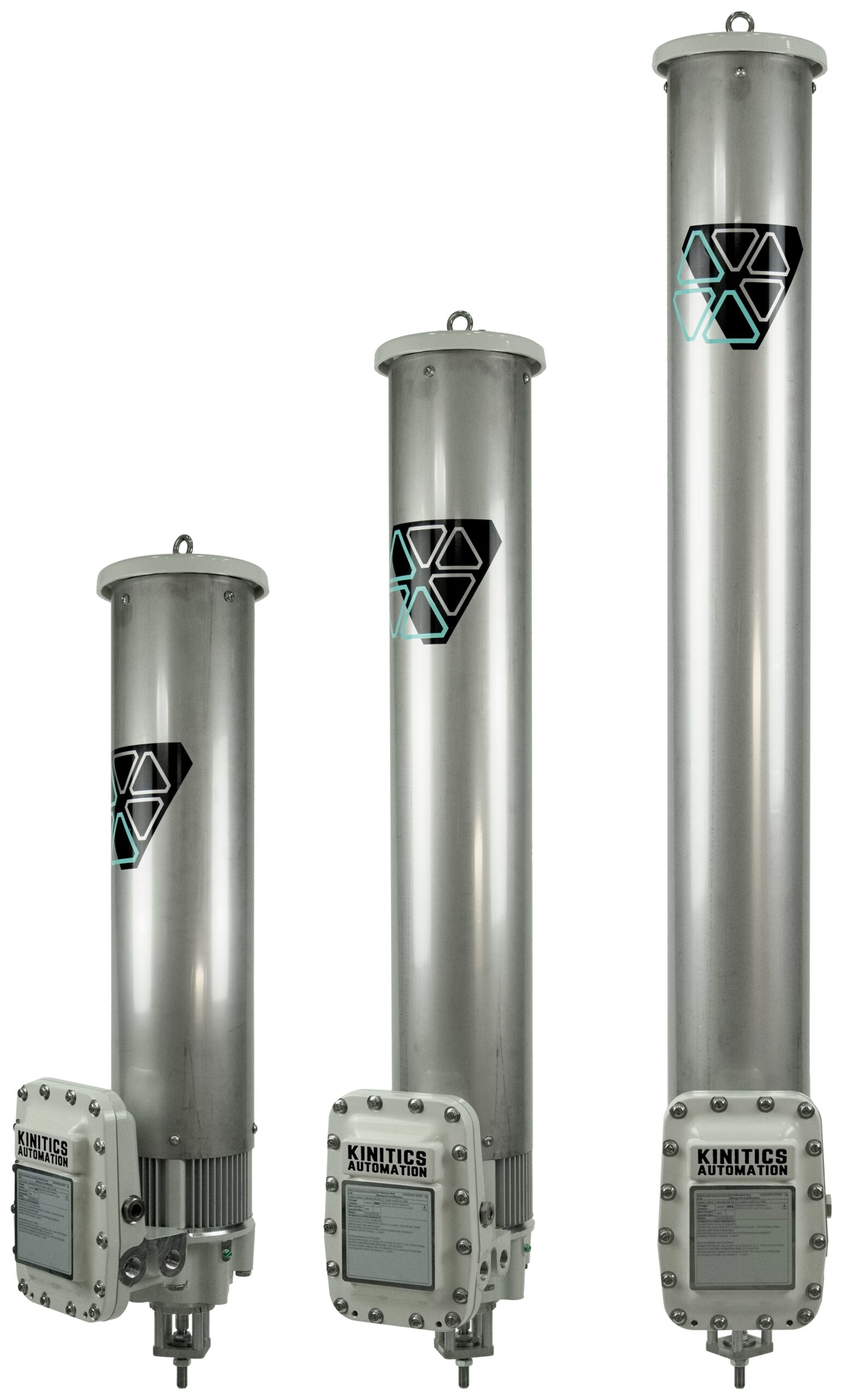 Composite product image of three Kinitics KVA38 valve actuator sizes arranged short to tall on a white background
